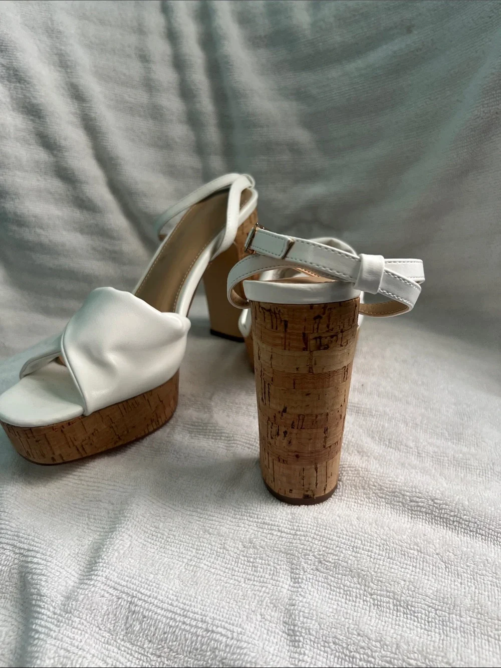 JustFab White Cork Platform Ankle-Strap Heels Size 9.5 White Block Heels